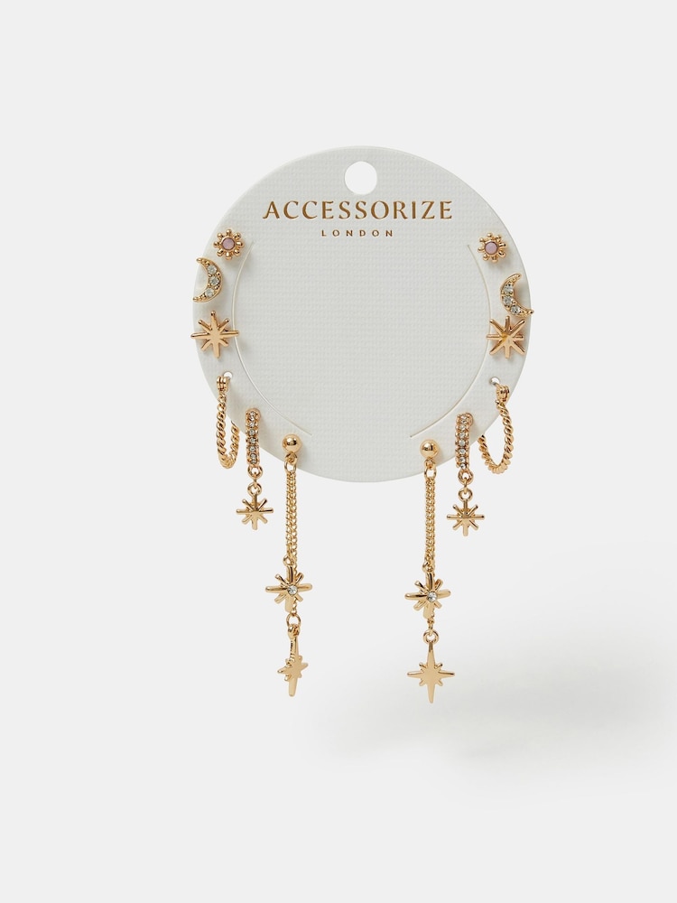 Accessorize Gold Tone Celestial Chain Stud and Hoop Earrings 6 Pack - Image 1 of 2