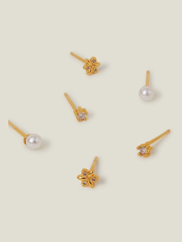 Accessorize 14ct Pearl Flower Stud Earrings 3 Pack - Slika 1 iz 2