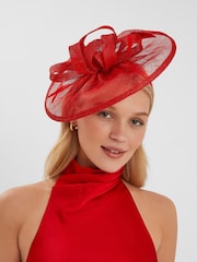 Accessorize Red Woven Bow Feather Disc Fascinator Hat - Image 1 of 3