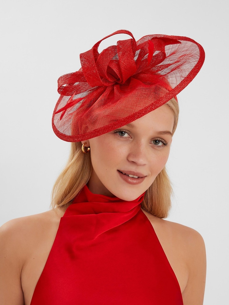 Accessorize Red Woven Bow Feather Disc Fascinator Hat - Image 1 of 3