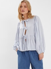 Accessorize Blue Stripe Tie-Front Blouse - Image 1 of 3