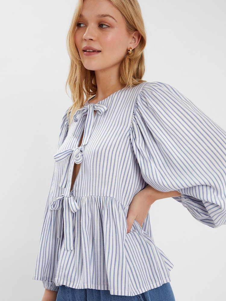 Accessorize Blue Stripe Tie-Front Blouse - Image 2 of 3 Accessorize Blue Stripe Tie-Front Blouse - Image 2 of 3