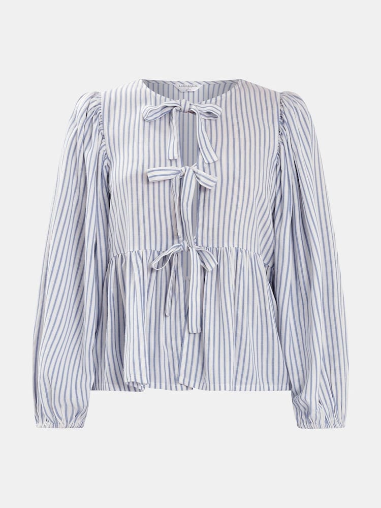 Accessorize Blue Stripe Tie-Front Blouse - Image 3 of 3 Accessorize Blue Stripe Tie-Front Blouse - Image 3 of 3
