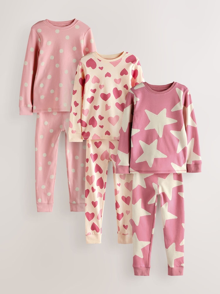 Pink/White Star/Heart Snuggle Pyjamas 3 Pack (9mths-12yrs) - Image 1 of 7
