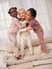 Ecru/Brown Bow Print Snuggle Pyjamas 3 Pack (9mths-12yrs) - Image 1 of 12