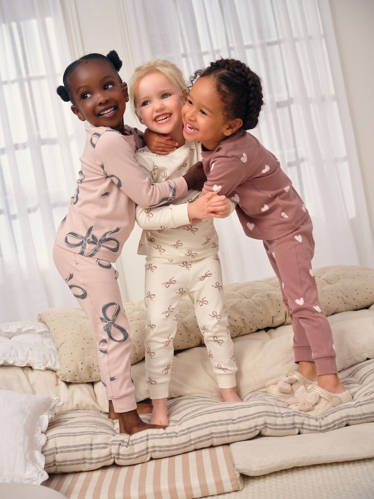Ecru/Brown Bow Print Snuggle Pyjamas 3 Pack (9mths-12yrs) - Image 1 of 12