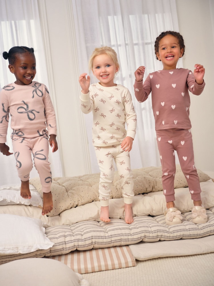 Ecru/Brown Bow Print Snuggle Pyjamas 3 Pack (9mths-12yrs) - Image 2 of 12