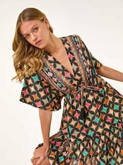 Roman Black Geometric Boho Print V-Neck Mini Dress - Image 1 of 5