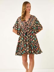 Roman Black Geometric Boho Print V-Neck Mini Dress - Image 2 of 5