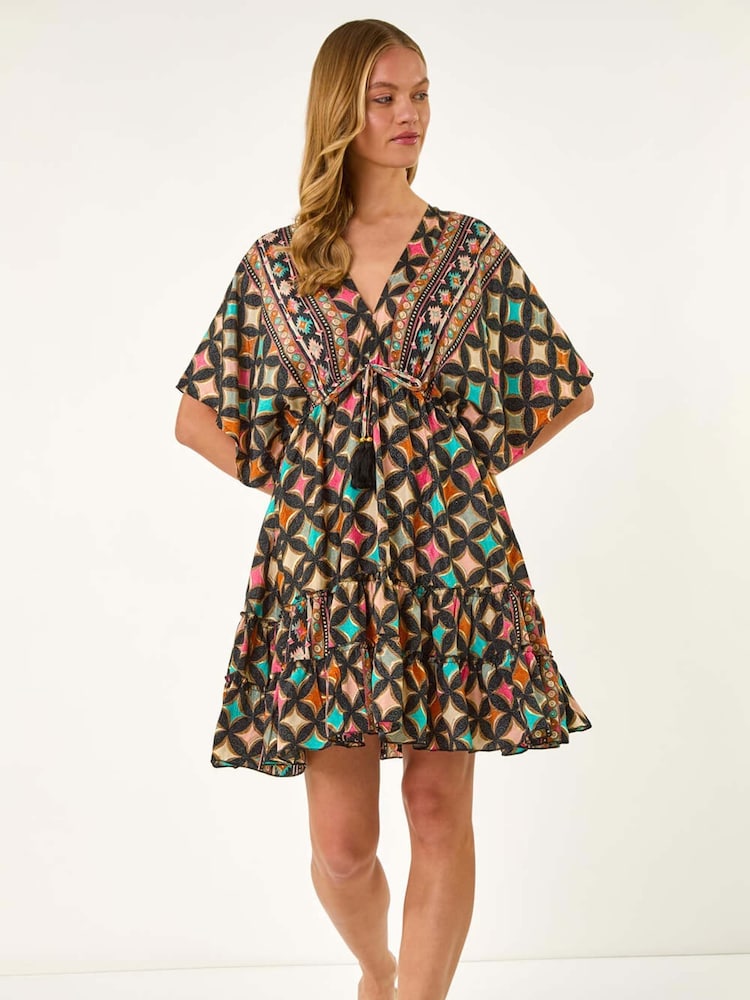 Roman Black Geometric Boho Print V-Neck Mini Dress - Image 2 of 5