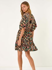 Roman Black Geometric Boho Print V-Neck Mini Dress - Image 3 of 5