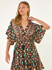 Roman Black Geometric Boho Print V-Neck Mini Dress - Image 4 of 5