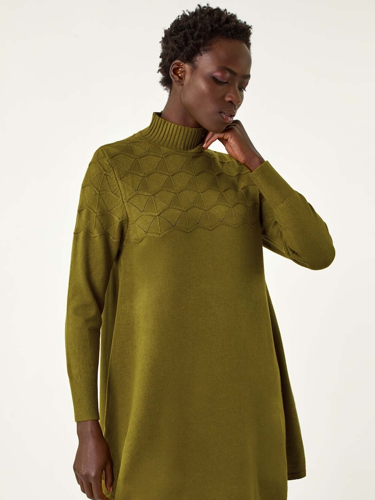 Roman Green Yoke Stitch High Neck Knit Dress - Image 1 of 5