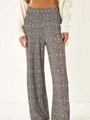 Roman Black Geometric Floral Print Stretch Trousers - Image 4 of 5