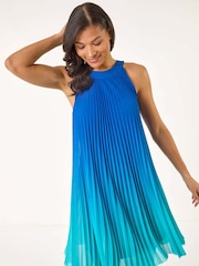 Roman Blue A-Line Pleated Halter Dress - Image 1 of 5