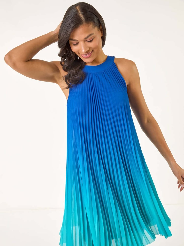 Roman Blue A-Line Pleated Halter Dress - Image 1 of 5