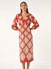 Roman Red Geo Print V-Neck Midi Dress - Image 2 of 5