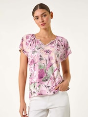 Roman Pink Abstract Print Hanky Hem Stretch Top - Image 2 of 5
