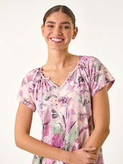 Roman Pink Abstract Print Hanky Hem Stretch Top - Image 4 of 5