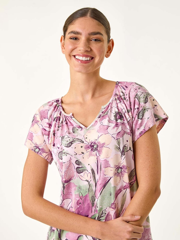 Roman Pink Abstract Print Hanky Hem Stretch Top - Image 4 of 5