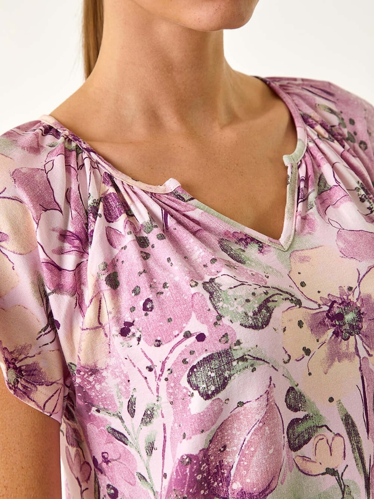 Roman Pink Abstract Print Hanky Hem Stretch Top - Image 5 of 5