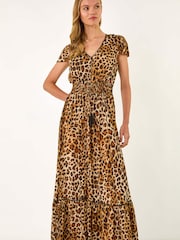 Roman Brown Animal Print Shirred Maxi Dress - Image 1 of 5