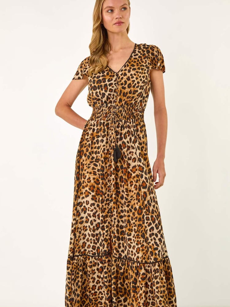 Roman Brown Animal Print Shirred Maxi Dress - Image 1 of 5