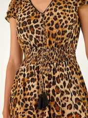 Roman Brown Animal Print Shirred Maxi Dress - Image 3 of 5