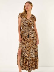 Roman Brown Animal Print Shirred Maxi Dress - Image 4 of 5