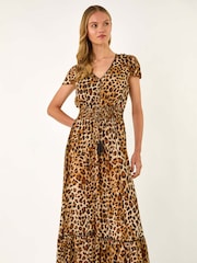 Roman Brown Animal Print Shirred Maxi Dress - Image 5 of 5
