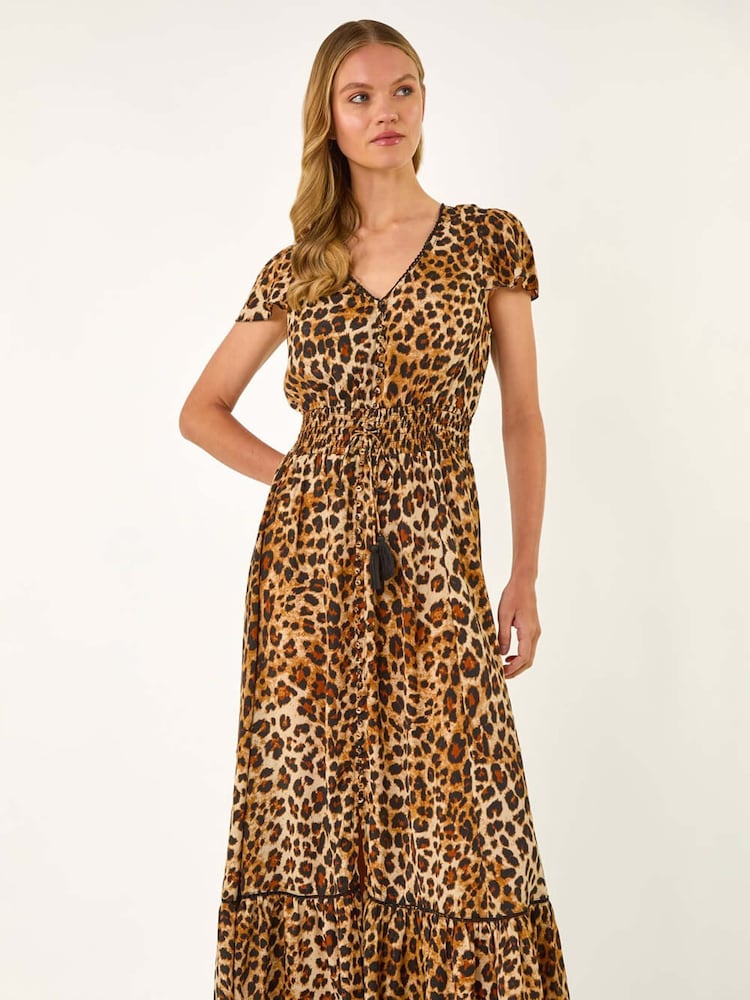 Roman Brown Animal Print Shirred Maxi Dress - Image 5 of 5