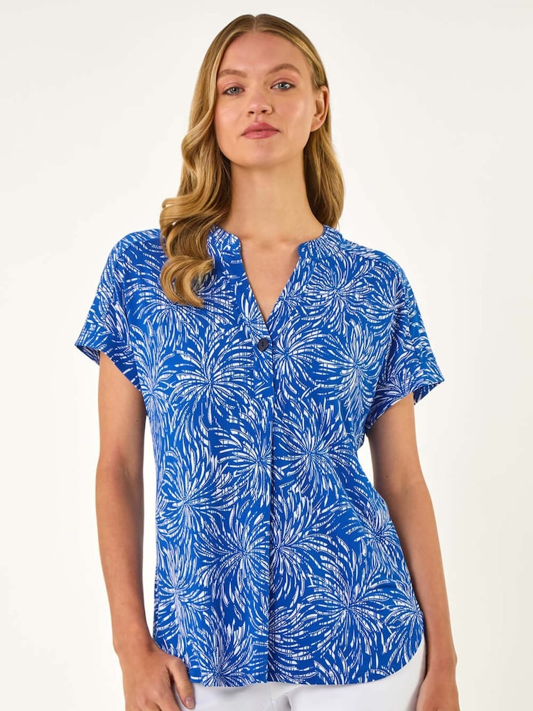 Roman Blue Abstract Print V-Neck Stretch Tunics - Image 1 of 5