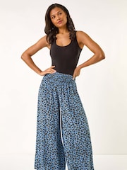 Roman Blue Animal Print Ruched Wide Leg Trousers - Image 2 of 5