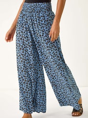 Roman Blue Animal Print Ruched Wide Leg Trousers - Image 4 of 5