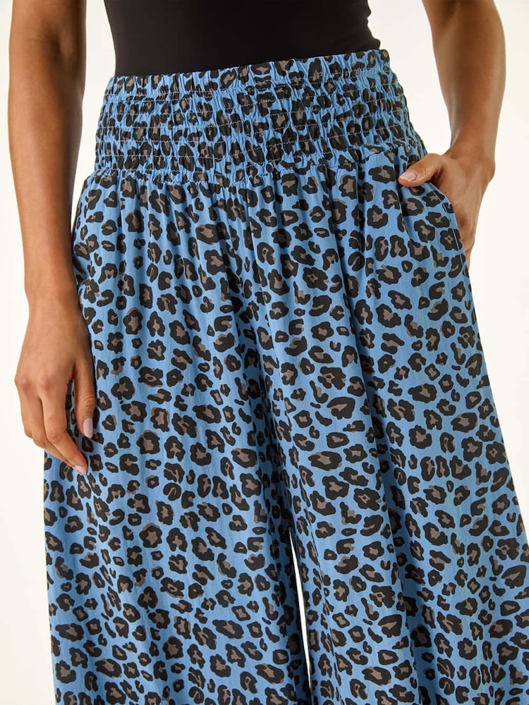 Roman Blue Animal Print Ruched Wide Leg Trousers - Image 5 of 5