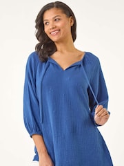 Roman Blue Tie Neck Tunic 100% Cotton Top - Image 1 of 5