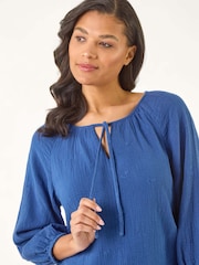 Roman Blue Tie Neck Tunic 100% Cotton Top - Image 2 of 5