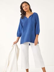 Roman Blue Tie Neck Tunic 100% Cotton Top - Image 3 of 5