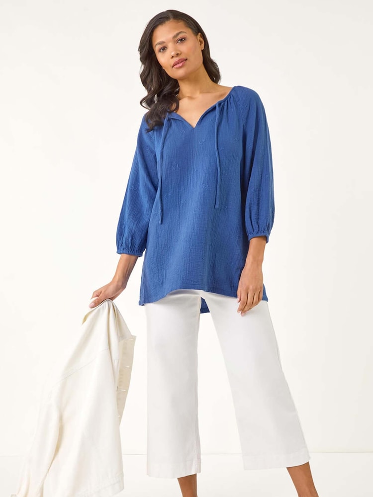 Roman Blue Tie Neck Tunic 100% Cotton Top - Image 3 of 5