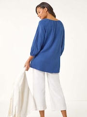 Roman Blue Tie Neck Tunic 100% Cotton Top - Image 4 of 5