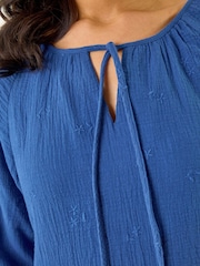 Roman Blue Tie Neck Tunic 100% Cotton Top - Image 5 of 5