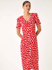 Roman Red Heart Print Ruched Midi Dress - Image 1 of 5