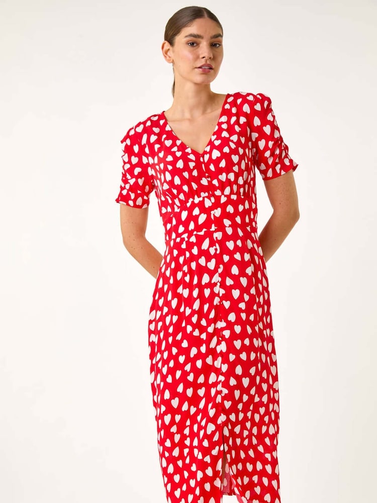 Roman Red Heart Print Ruched Midi Dress - Image 1 of 5