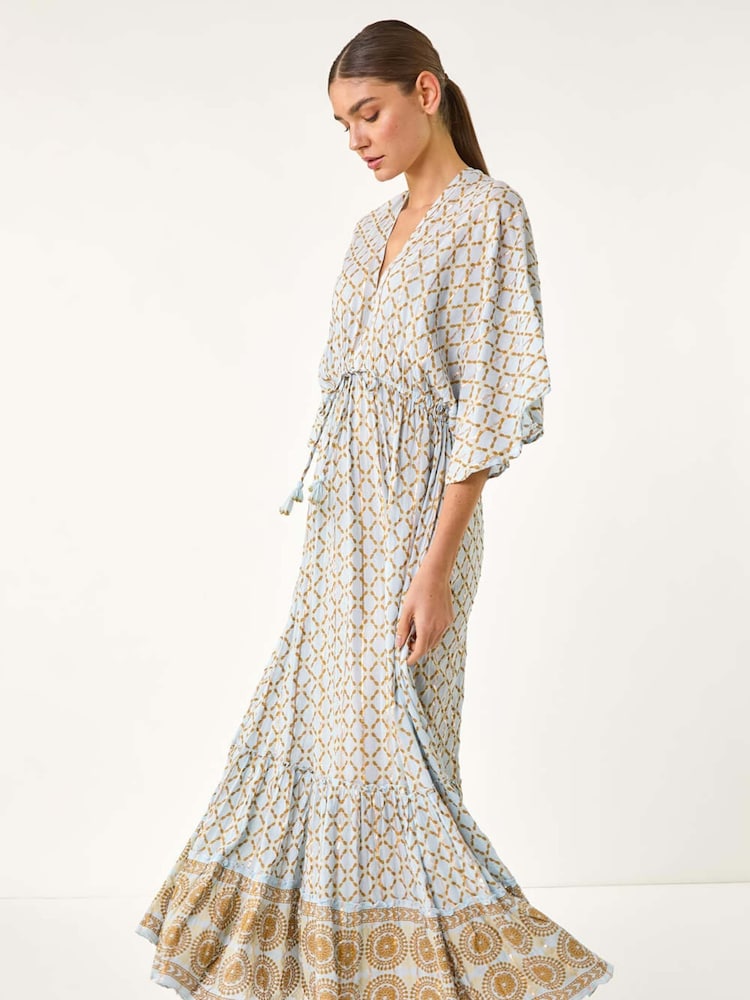 Roman Blue Shimmer Boho Border Maxi Dress - Image 2 of 5