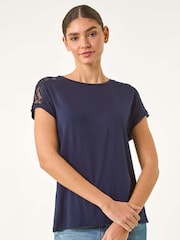 Roman Blue Lace Panel Detail T-Shirt - Image 1 of 5