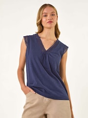 Roman Blue Lace Trim Tie V-Neck 100% Cotton Blouse - Image 4 of 5