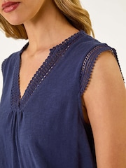 Roman Blue Lace Trim Tie V-Neck 100% Cotton Blouse - Image 5 of 5