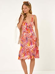 Roman Red Abstract Print V-Neck Frill Dress - Image 1 of 5