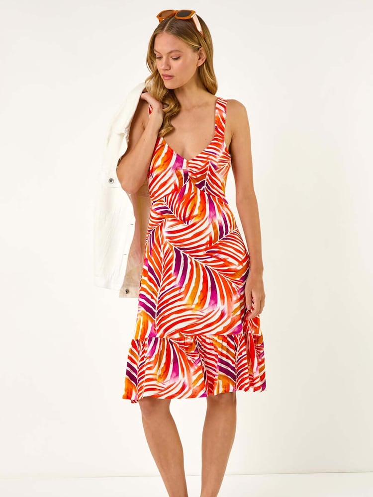 Roman Red Abstract Print V-Neck Frill Dress - Image 1 of 5