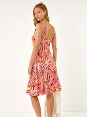 Roman Red Abstract Print V-Neck Frill Dress - Image 3 of 5